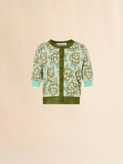 GREEN COTTON-VISCOSE CARDIGAN WITH BANJO PATTERN