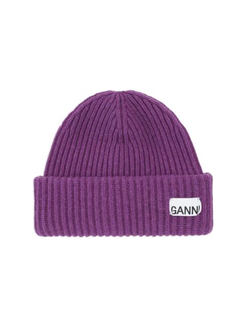GANNI logo-patch ribbed-knit beanie