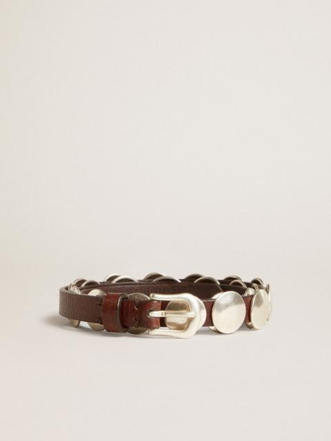 Trinidad thin belt in dark brown leather with silver studs