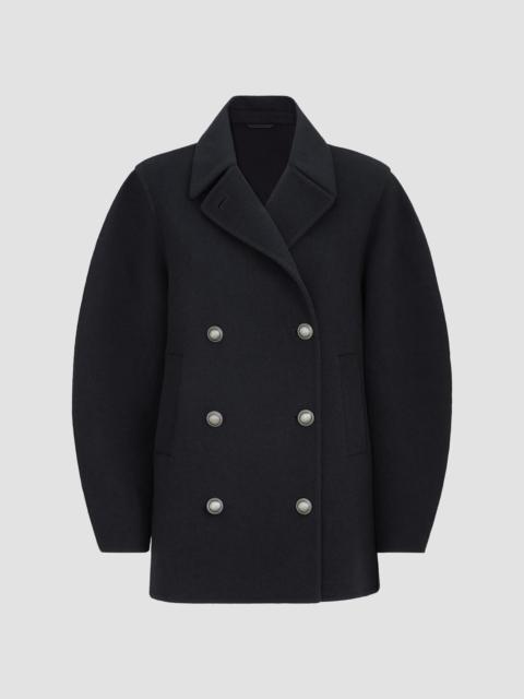Brunello Cucinelli Women's Hand-Crafted Pea Coat in Virgin Wool and Cashmere Double Cloth with Monili - Cobalt