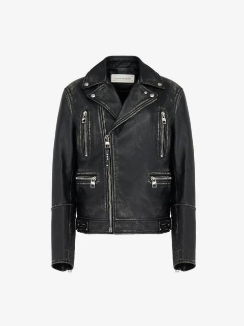 Men's Leather Biker Jacket in Black/ivory