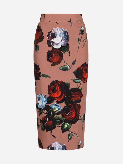 Charmeuse calf-length skirt with vintage rose print