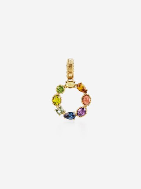 Rainbow alphabet O 18 kt yellow gold charm with multicolor fine gems