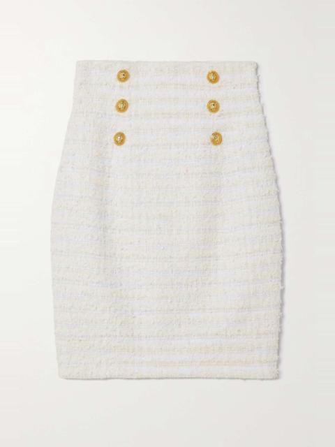 Button-embellished metallic cotton-blend tweed mini skirt