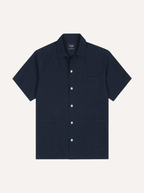 Drake's Navy Cotton-Linen Camp Collar Three Pocket Short Sleeve Shirt