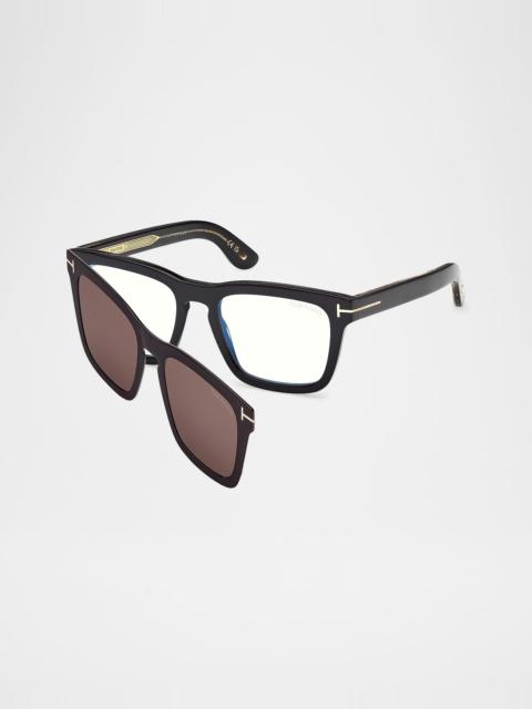 TOM FORD Men's Icon Square Acetate Blue Block Optical Glasses with Clip-On Sunglasses