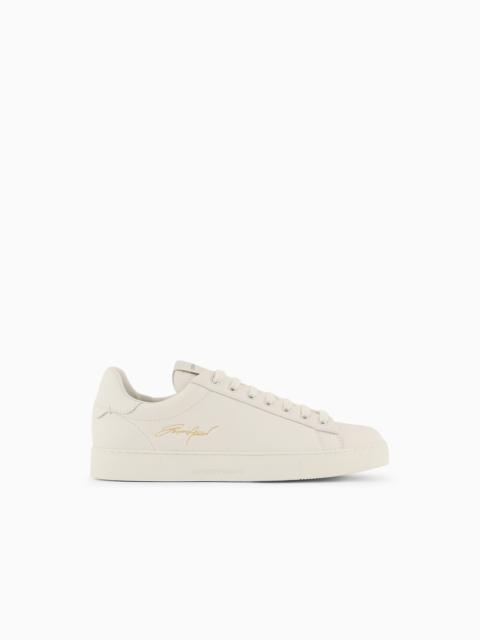 EMPORIO ARMANI Leather sneakers with gold signature logo