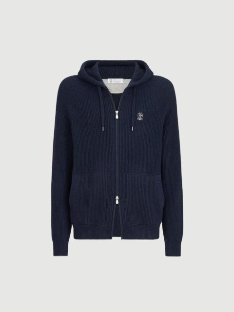 Brunello Cucinelli Cashmere English rib hooded knit sweatshirt with logo and zipper