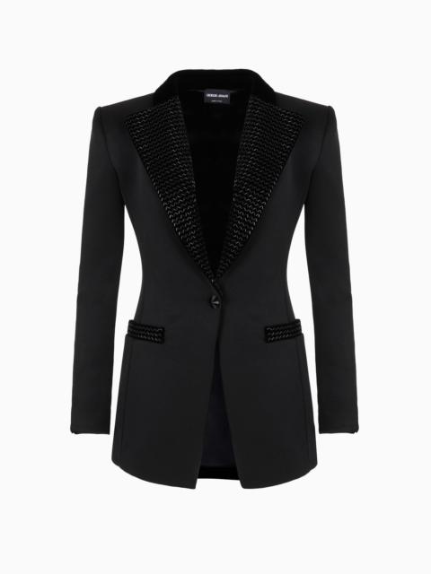 Single-breasted jacket in double jersey and velvet with embroidery