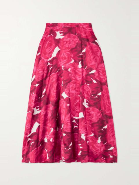 Floral-print duchesse-satin midi skirt