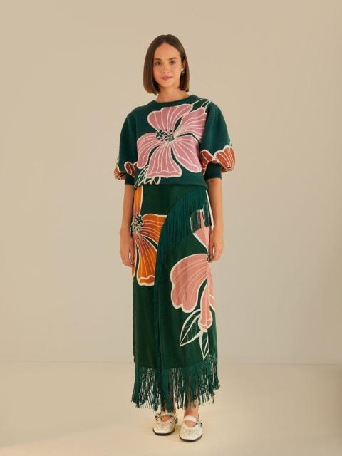 FARM RIO Green Honolulu Flowers Fringe Maxi Skirt