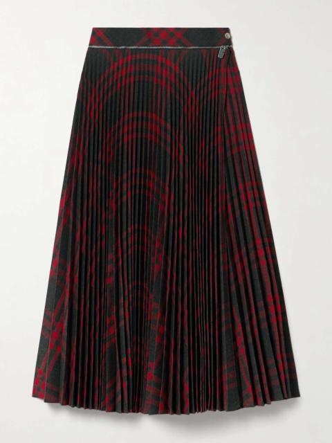 Checked pleated woven midi wrap skirt