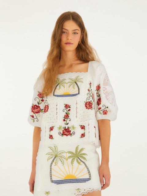 FARM RIO Off-White Tropi Scarf Embroidered Organic Cotton Blouse