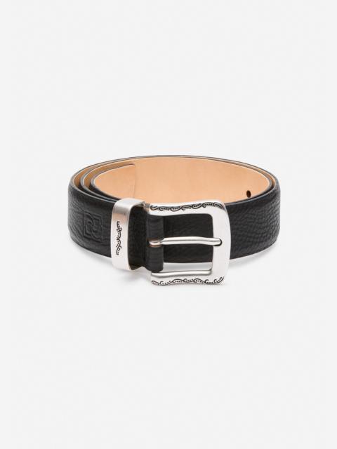 MAGDA BUTRYM Engraved buckle leather belt in black and silver