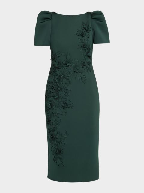 BADGLEY MISCHKA Puff-Sleeve Floral Stretch Scuba Midi Dress