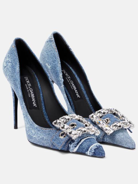 Embellished denim pumps