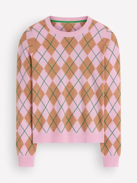 BODEN Elsie Cashmere Crew Sweater-Pink Heather, Argyle