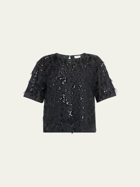 Brunello Cucinelli Animalier Sequined Fringe Silk Short-Sleeve Top