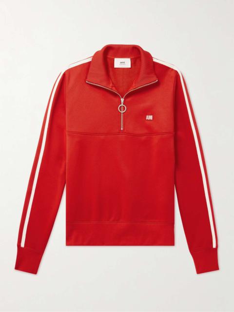 AMI Paris Logo-Appliquéd Striped Knitted Half-Zip Sweater