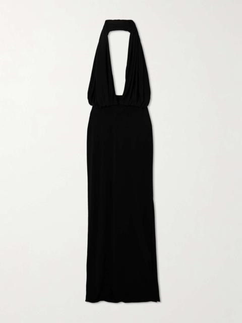 Draped stretch-satin halterneck gown