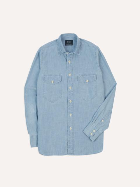 Drake's Blue Cotton Chambray Two-Pocket Work Shirt