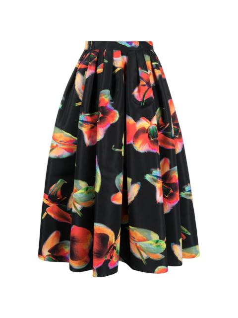 Solarised Orchid-print cotton midi skirt