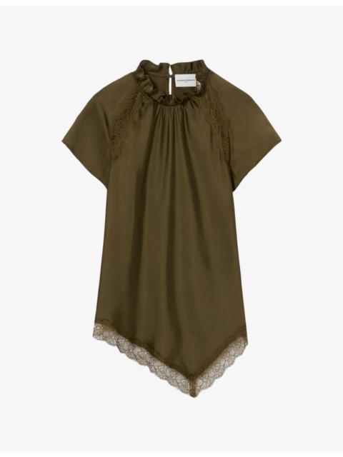 Claudie Pierlot Asymmetric Lace-Trim Satin Top
