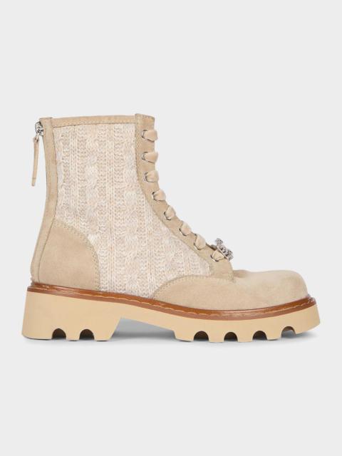 Roger Vivier Viv Rangers Cable-Knit &amp; Suede Combat Boots