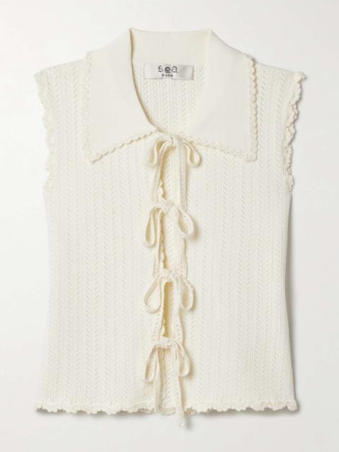 Sea Abbie tie-front crocheted cotton-trimmed pointelle-knit top Cream