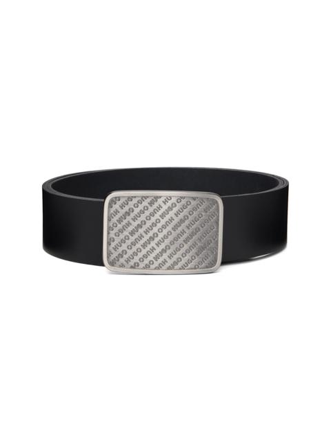HUGO Black Leather Repeat-Logo Plaque Buckle Belt