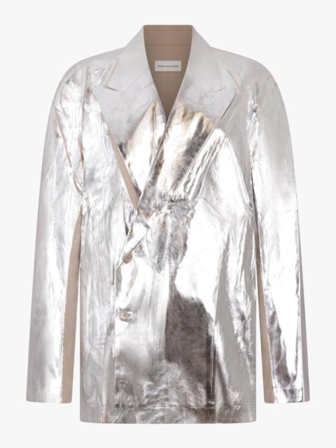 Dries Van Noten CAPLAN SILVER OVERLAY DOUBLE BREASTED SHIRT JACKET | SILVER/SAND