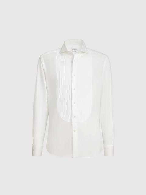 Brunello Cucinelli Sea Island cotton twill slim fit tuxedo shirt with pleated bib, spread collar and French cuffs