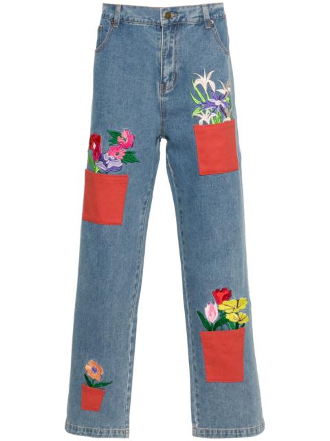 flower-pots embroidered tapered jeans