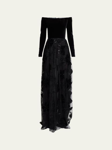 ELIE SAAB Off-The-Shoulder Velvet Sequined Tulle Gown