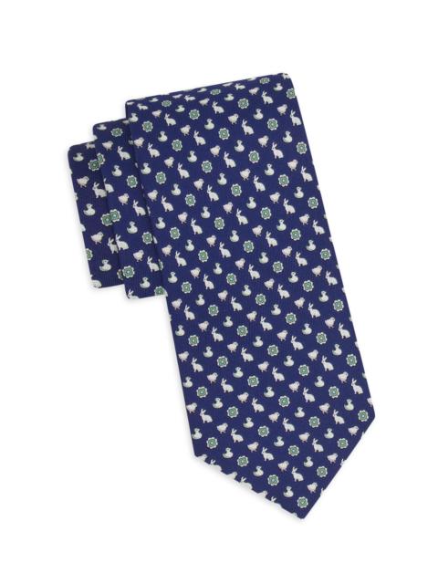 FERRAGAMO Men's Bunny and Chick Charm-Print Silk Tie - Blue Verde