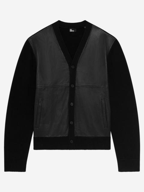 The Kooples TWO-MATERIAL BUTTON-DOWN CARDIGAN WITH BLACK LEATHER