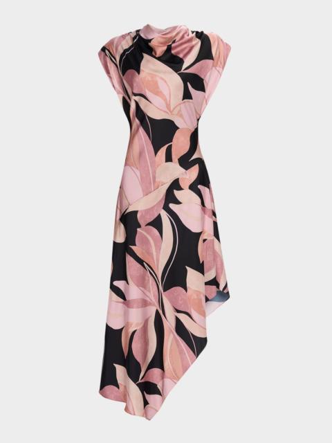 MISA Sally Asymmetric Satin Midi Dress