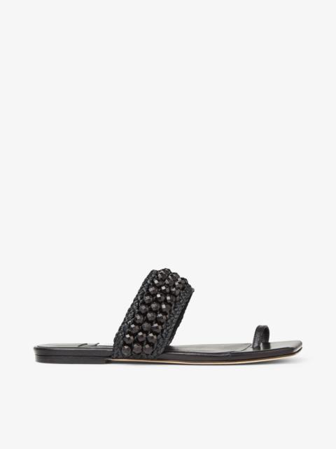 JIMMY CHOO Amoure Flat
Black Nappa Leather Flat Sandals with Beaded Raffia