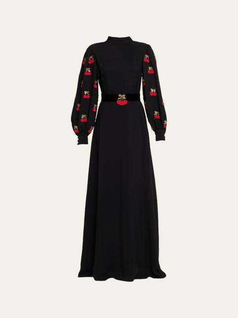 Valentino Cherry Embroidered Belted Puff-Sleeve Gown