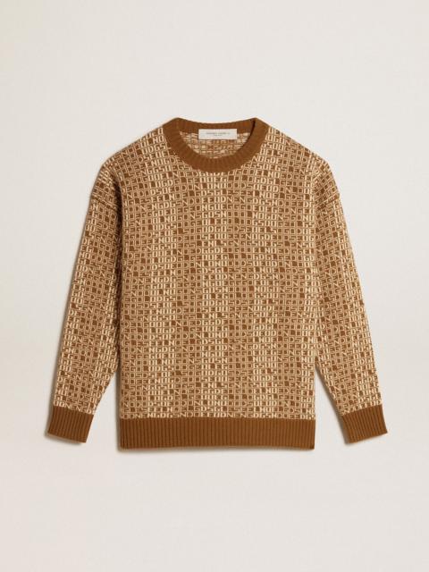 Round-neck sweater with olive-green jacquard lettering motif