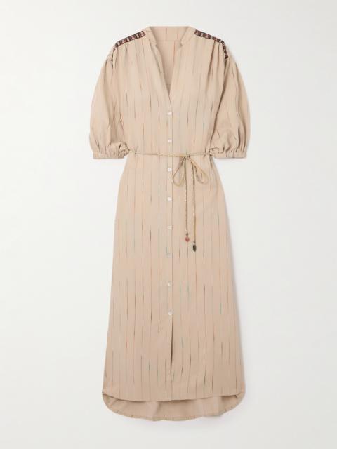 FORTELA Belted Appliquéd Embroidered Woven Midi Dress