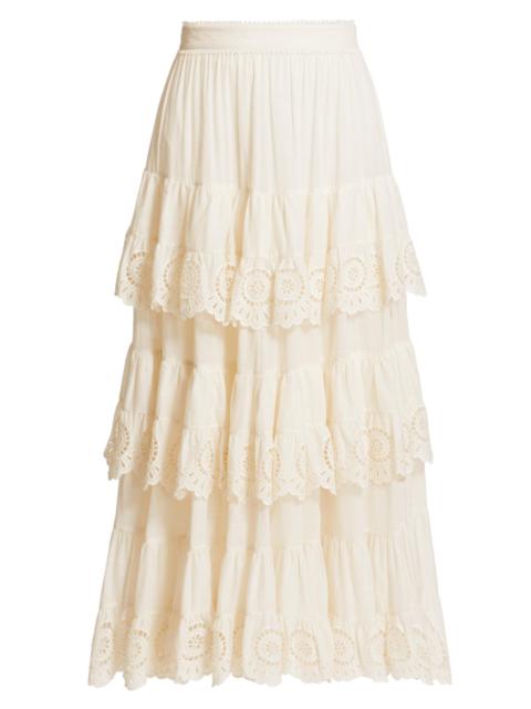 Zimmermann Women's Lucky Embroidered Tiered Cotton Midi-Skirt - Ivory