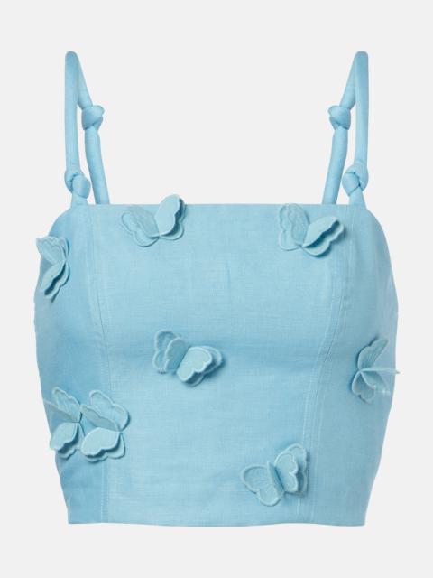 FARM RIO Patch-appliqué linen crop top