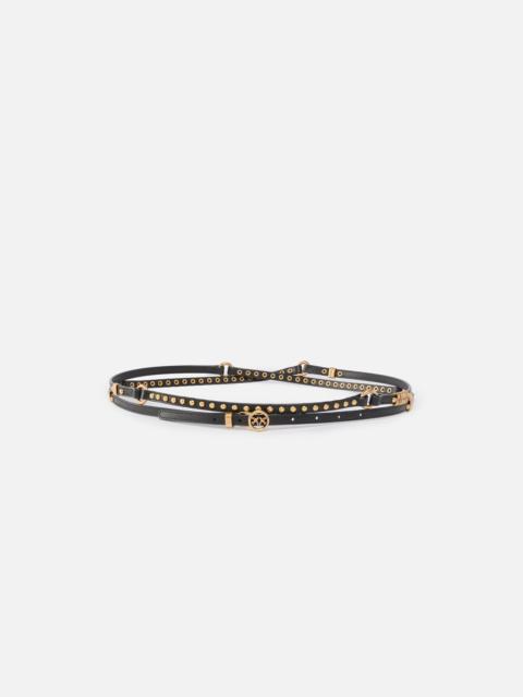 PINKO DOUBLE-WRAP LEATHER BELT WITH STUDS AND BRANDED RINGS, 1 CM