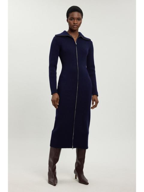 KAREN MILLEN Cotton Zip Through Collar Knitted Midi Dress