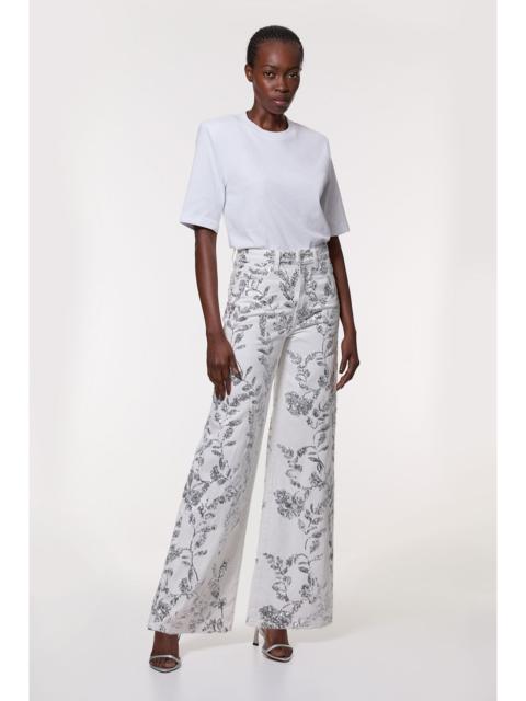 KAREN MILLEN Denim All Over Floral Sequin Wide Leg Trousers