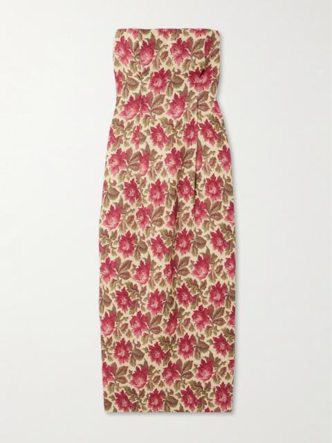 Rosalie Strapless Pintucked Floral-print Linen Midi Dress