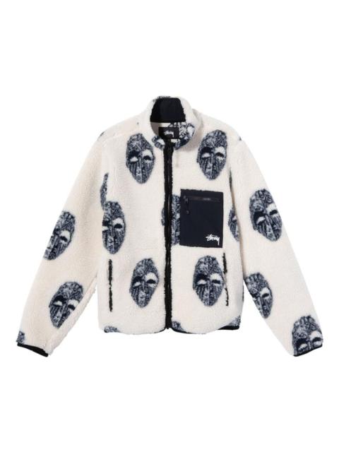 Men's Stussy Mask Jacquard Sherpa Stand Collar Jacket White 118389