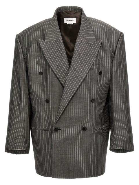 Pinstriped Double-Breasted Blazer Gray