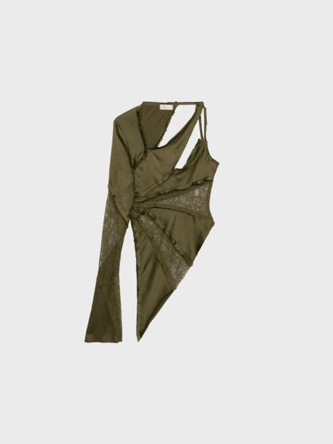 Blumarine ASYMMETRIC SATIN AND CHANTILLY LACE TOP
